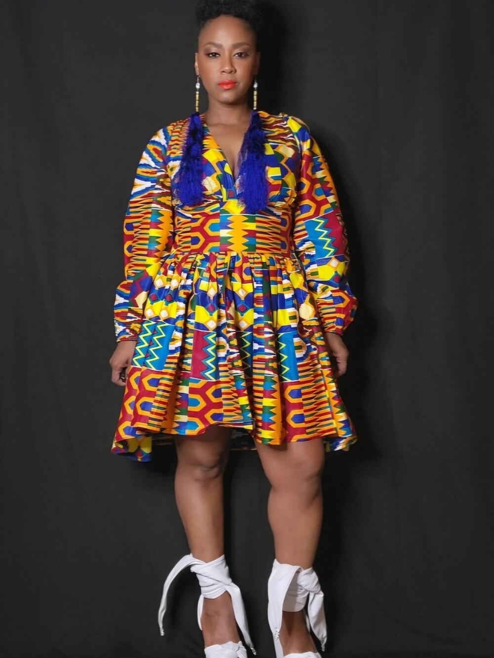 GRASS FIELDS African Print Ethnic Fit And Flare Hi-Lo Puff-Sleeve Dress US10 - Picture 3 of 6